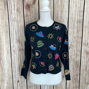 Michael Simon Lite Black Cardigan w/Embroidered Beach Hat Design - Small